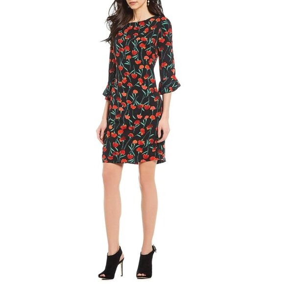 Karl Lagerfeld Paris Black & Red Floral Print 3/4 Sleeve Shift Dress Womens Size - Picture 2 of 10